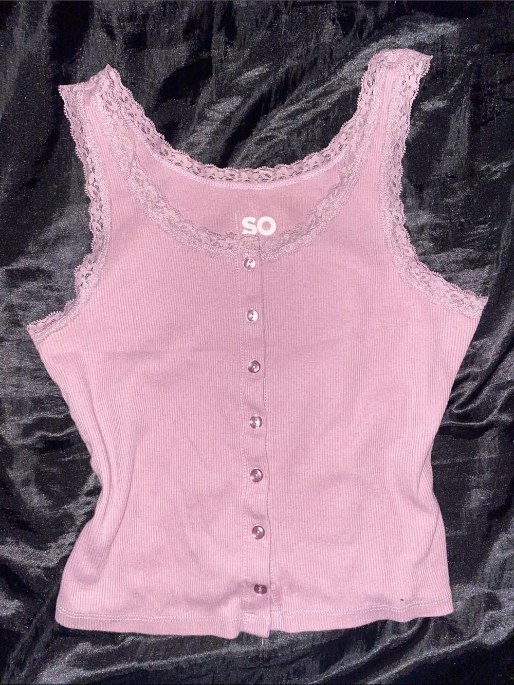 SO Ribbed Lace-Trim Button Tank - Dusty Pink